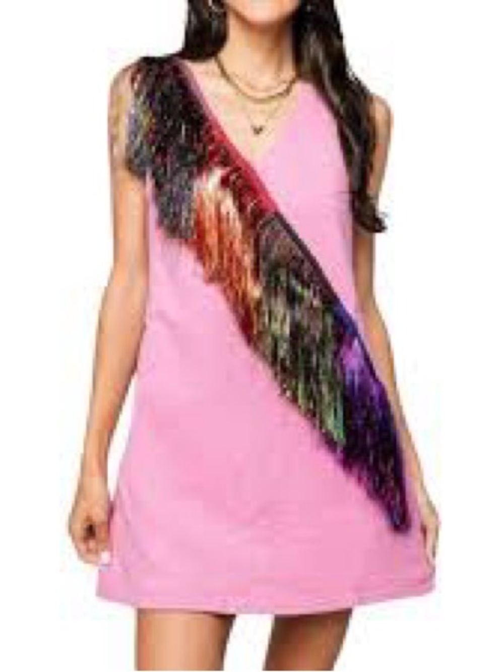 QUEEN OF SPARKLES Pink Mini Dress with Multicolor Fringe Sash